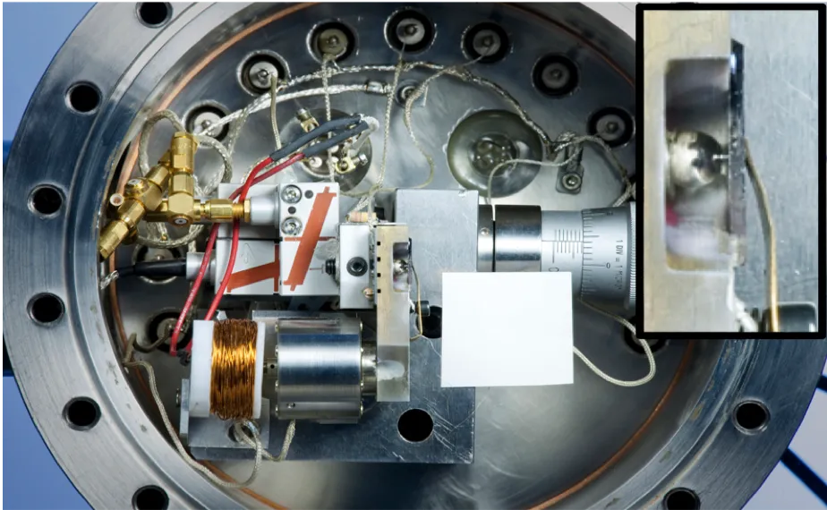 Tribomètre moléculaire ATLAS développé au LTDS. Cet outil unique au monde associe caractérisation tribologique des couches moléculaires adsorbées sur des surfaces de chimie et rugosité contrôlées à une spectroscopie mécanique du contact et des mesures électriques.