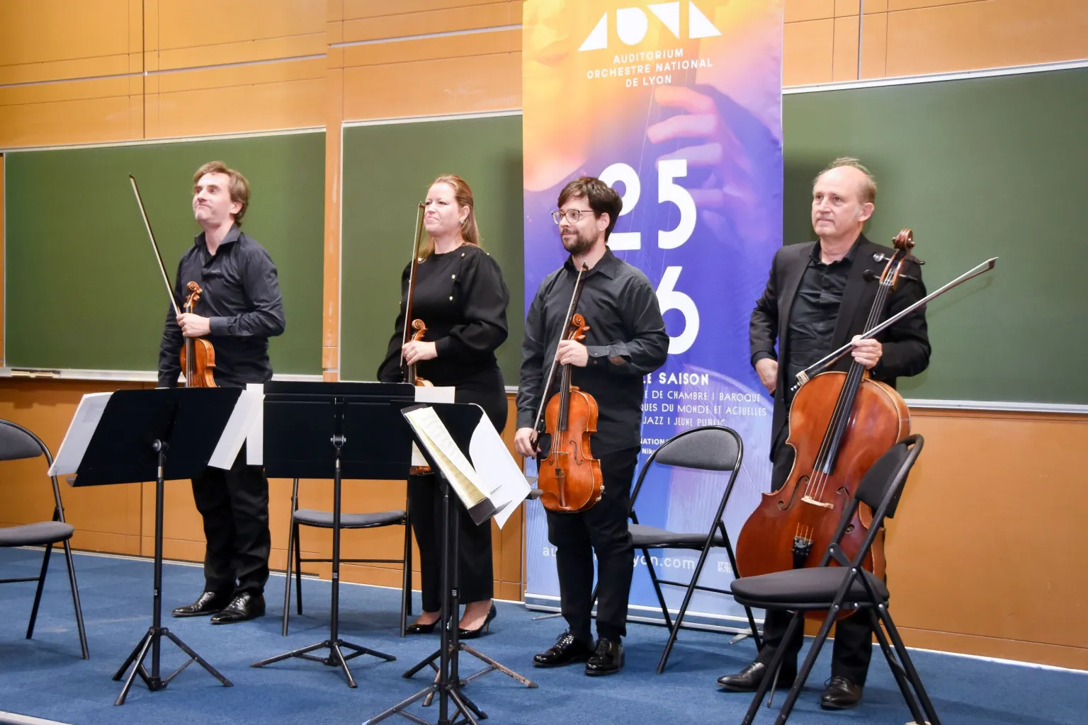 Quatuor à cordes avec Florent Souvignet-Kowalski (violon), Aurianne Philippe (violon), Marc-Antoine Bier (alto), Nicolas Hartmann (violoncelle) Quatuor à cordes de l'orchestre national de lyon sur le campus Centrale Lyon